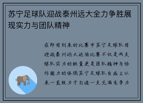 苏宁足球队迎战泰州远大全力争胜展现实力与团队精神